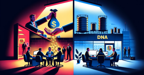 DALL·E 2023-10-27 13.47.03 - Illustration diagonally divided. On the left side, a dimly lit room where corporate executives are handing over a briefcase full of money to politicia